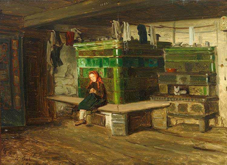 Georg Saal view into a Blackforest living room with small girl on the oven bench oil painting image